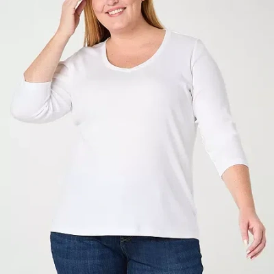 St. John's Bay Womens Plus V Neck 3/4 Sleeve T-shirt In White