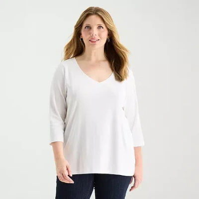 St. John's Bay Womens Plus V Neck 3/4 Sleeve T-shirt In White