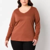 St. John's Bay Womens Plus V Neck Long Sleeve T-shirt In Brown