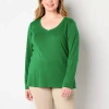 St. John's Bay Womens Plus V Neck Long Sleeve T-shirt In Green
