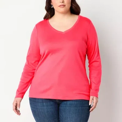 St. John's Bay Womens Plus V Neck Long Sleeve T-shirt In Red
