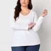 St. John's Bay Womens Plus V Neck Long Sleeve T-shirt In White