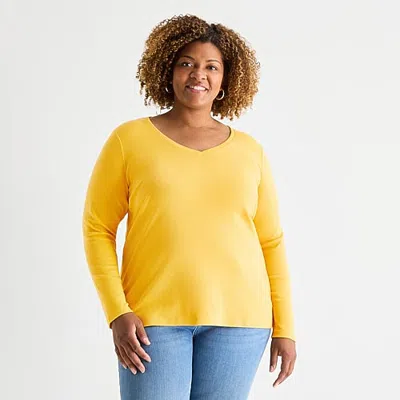St. John's Bay Womens Plus V Neck Long Sleeve T-shirt In Yellow