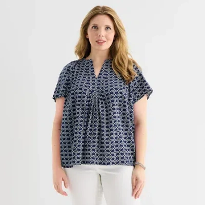 St. John's Bay Womens Plus V Neck Short Sleeve Blouse In Blue