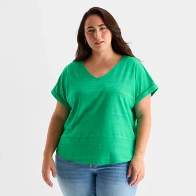 St. John's Bay Womens Plus V Neck Short Sleeve Blouse In Green