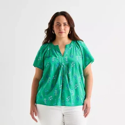 St. John's Bay Womens Plus V Neck Short Sleeve Blouse In Green
