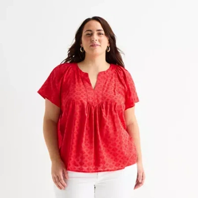 St. John's Bay Womens Plus V Neck Short Sleeve Blouse In Red
