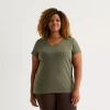 St. John's Bay Womens Plus V Neck Short Sleeve T-shirt In Green