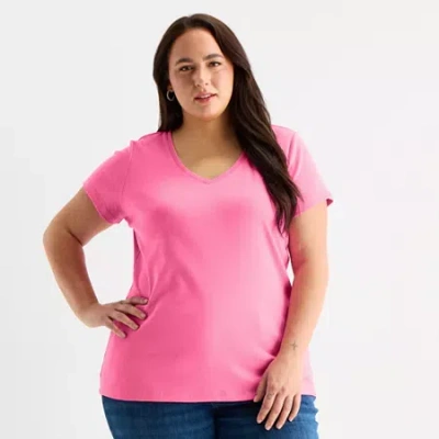 St. John's Bay Womens Plus V Neck Short Sleeve T-shirt In Pink