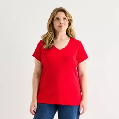 St. John's Bay Womens Plus V Neck Short Sleeve T-shirt In Red