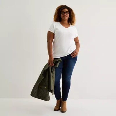 St. John's Bay Womens Plus V Neck Short Sleeve T-shirt In White