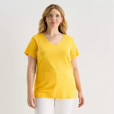 St. John's Bay Womens Plus V Neck Short Sleeve T-shirt In Yellow