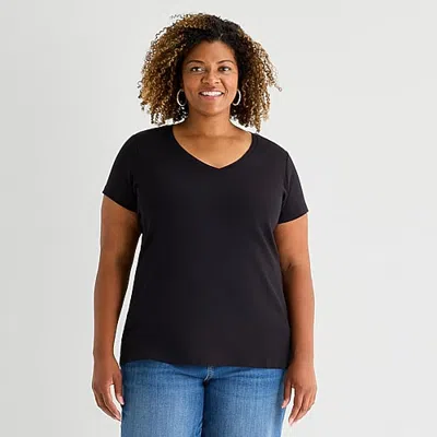 St. John's Bay Womens Plus V Neck Short Sleeve T-shirt In Black
