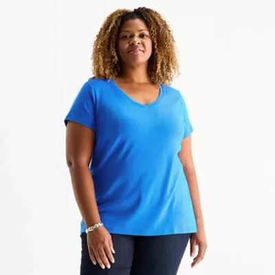St. John's Bay Womens Plus V Neck Short Sleeve T-shirt In Blue