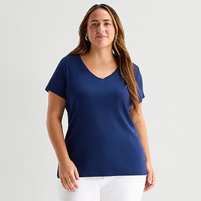 St. John's Bay Womens Plus V Neck Short Sleeve T-shirt In Blue