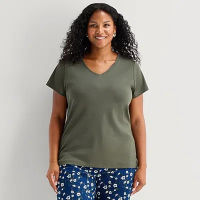 St. John's Bay Womens Plus V Neck Short Sleeve T-shirt In Green
