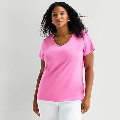 St. John's Bay Womens Plus V Neck Short Sleeve T-shirt In Pink
