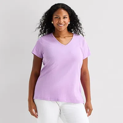 St. John's Bay Womens Plus V Neck Short Sleeve T-shirt In Purple