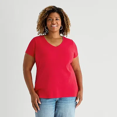 St. John's Bay Womens Plus V Neck Short Sleeve T-shirt In Red