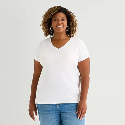 St. John's Bay Womens Plus V Neck Short Sleeve T-shirt In White