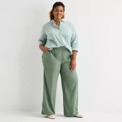 St. John's Bay Womens Plus Wide Leg Pull-on Pant In Green