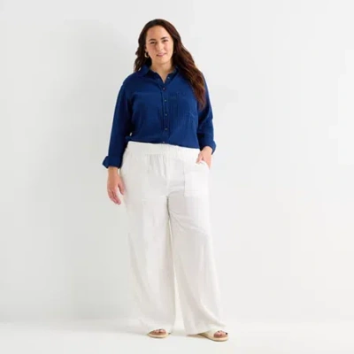 St. John's Bay Womens Plus Wide Leg Pull-on Pant In White