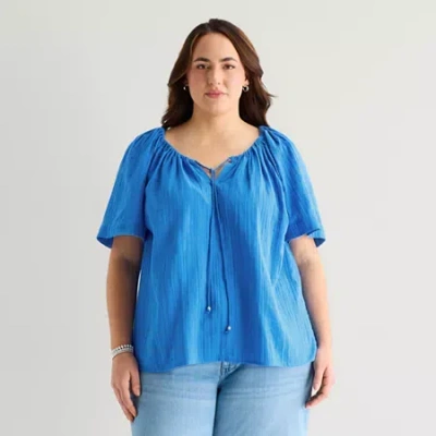 St. John's Bay Womens Plus Y Neck Blouse In Blue