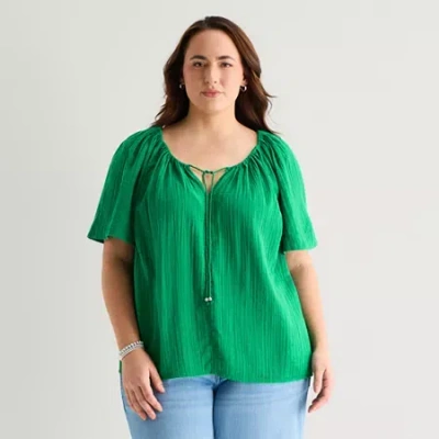St. John's Bay Womens Plus Y Neck Blouse In Green