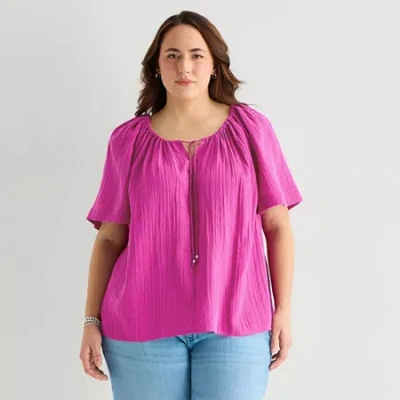 St. John's Bay Womens Plus Y Neck Blouse In Pink