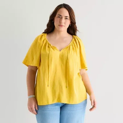 St. John's Bay Womens Plus Y Neck Blouse In Yellow