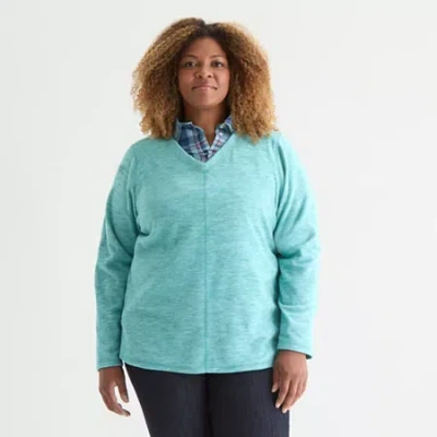 St. John's Bay Womens Polar Fleece V Neck Long Sleeve Plus Sweatshirt In Blue