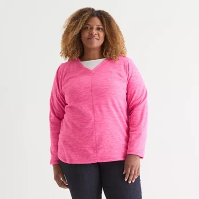St. John's Bay Womens Polar Fleece V Neck Long Sleeve Plus Sweatshirt In Pink