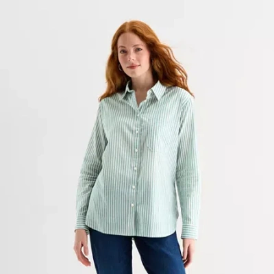 St. John's Bay Womens Roll Tab Long Sleeve Regular Fit Button-down Shirt In Green