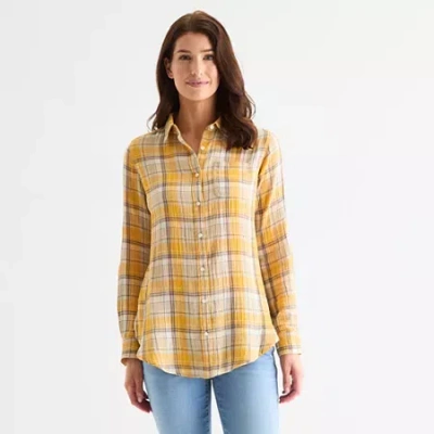 St. John's Bay Womens Roll Tab Long Sleeve Regular Fit Button-down Shirt In Yellow