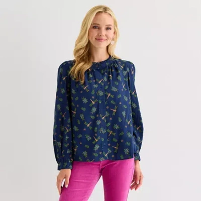 St. John's Bay Womens Round Neck Long Sleeve Blouse In Blue