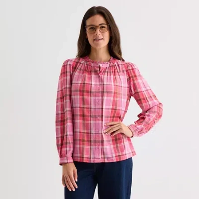 St. John's Bay Womens Round Neck Long Sleeve Blouse In Pink