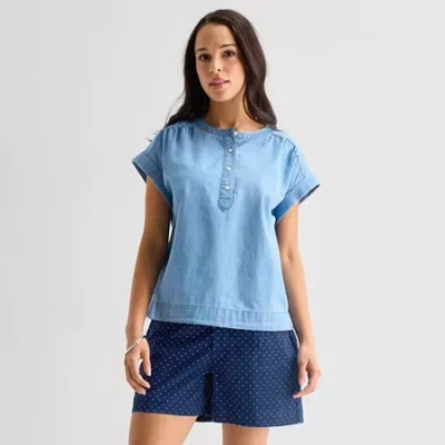 St. John's Bay Womens Round Neck Short Sleeve Blouse In Blue