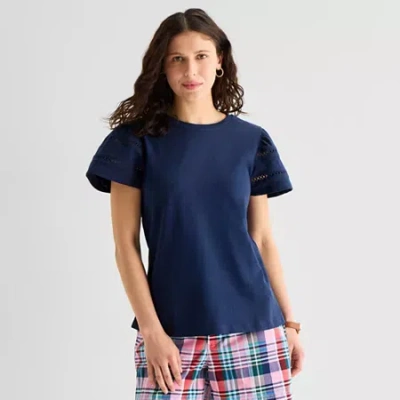 St. John's Bay Womens Round Neck Short Sleeve Blouse In Blue