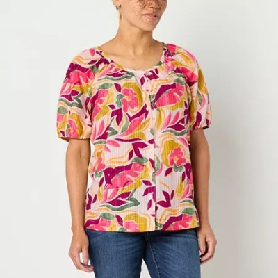 St. John's Bay Womens Round Neck Short Sleeve Blouse In Multi