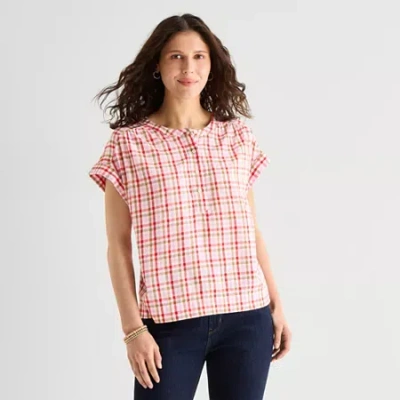 St. John's Bay Womens Round Neck Short Sleeve Blouse In Pink