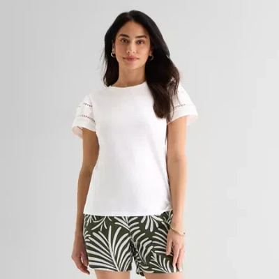St. John's Bay Womens Round Neck Short Sleeve Blouse In White