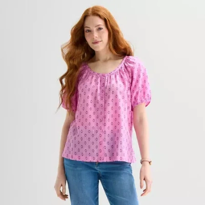 St. John's Bay Womens Round Neck Short Sleeve Regular Fit Button-down Shirt In Pink