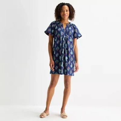 St. John's Bay Womens Short Sleeve Floral Sheath Dress In Blue