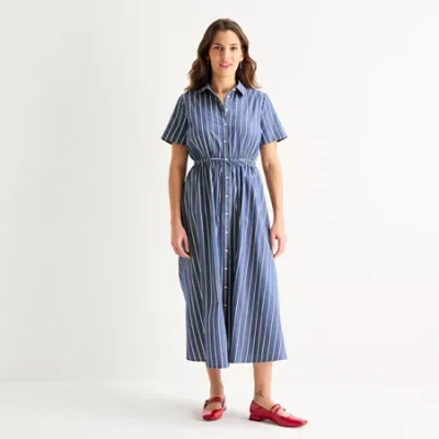 St. John's Bay Womens Short Sleeve Midi Shirt Dress In Blue