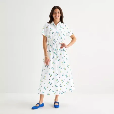 St. John's Bay Womens Short Sleeve Midi Shirt Dress In White