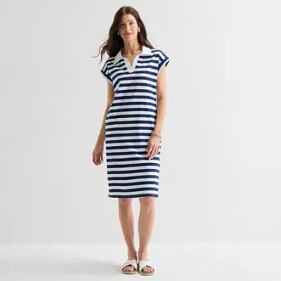 St. John's Bay Womens Short Sleeve Midi Striped Shirt Dress In Multi
