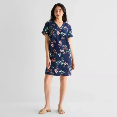St. John's Bay Womens Short Sleeve Plaid Shift Dress In Blue