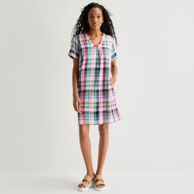 St. John's Bay Womens Short Sleeve Plaid Shift Dress In Multi