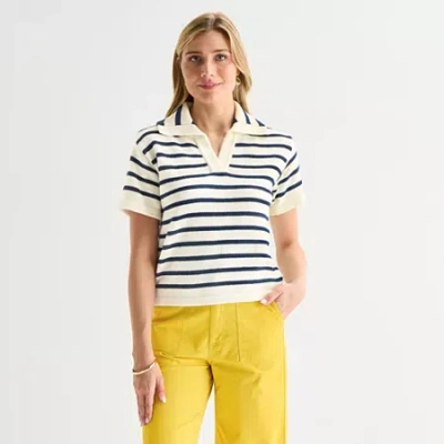 St. John's Bay Womens Short Sleeve Polo Sweater In White