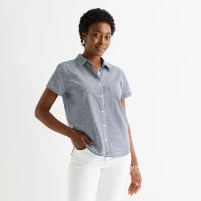 St. John's Bay Womens Short Sleeve Regular Fit Button-down Shirt In Blue